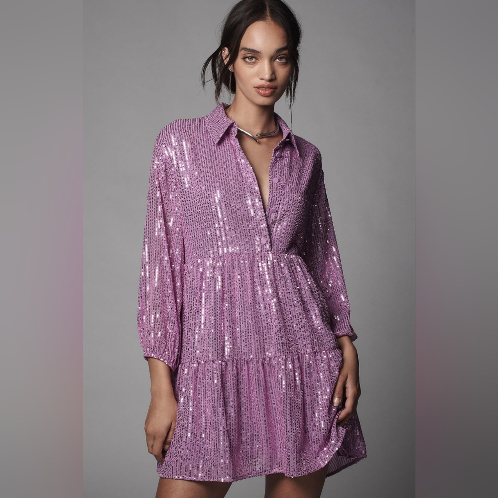Anthropologie Bettina Tiered Shirt Dress by Maeve Mini Sequin M